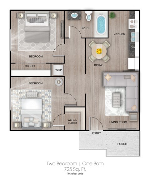 Floor plan for 2 beds, 1 bath, 725 sqft